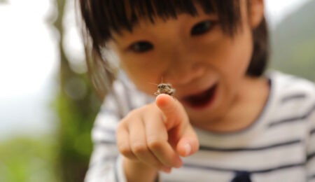 young girl with insect on finger